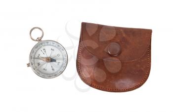 Old compass with etui, isolated on white