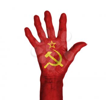 Palm of a woman hand, painted with flag of the USSR