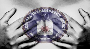 Upper part of female body, hands covering breasts, flag of CIA
