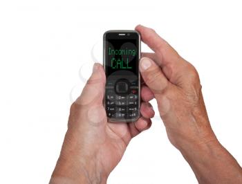 Hands of senior woman with a mobile phone, incoming call