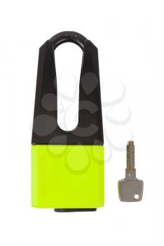 Heavy disc lock for motorcycle, isolated on white background, yellow