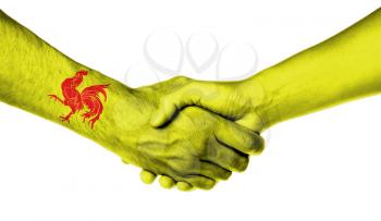 Man and woman shaking hands, wrapped in flag pattern, Wallonia