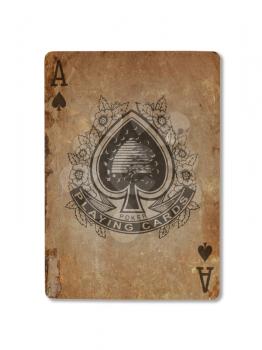 Very old playing card isolated on a white background,  ace of spades