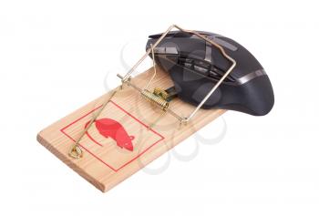 Modern computer mouse in a mousetrap against white background