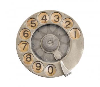 Close up of Vintage phone dial on white, silver