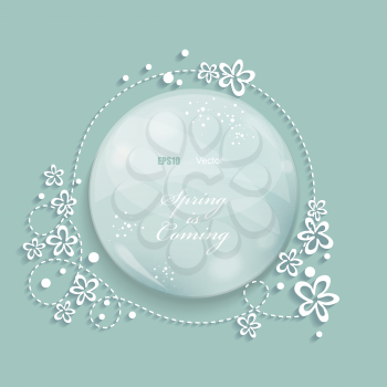 Spring background with glass drop and flowers.