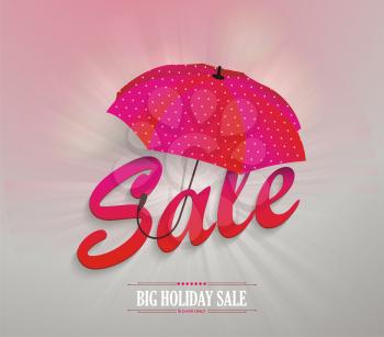 3d red text SALE with pink umbrella, vector illustration