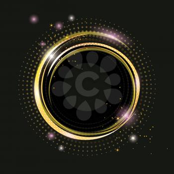 Thin golden frame with gold dust and lights effects. Shining rectangle banner isolated on black  background. Vector illustration.