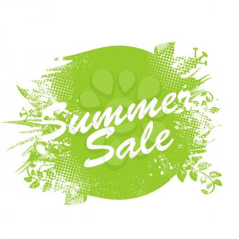 Summer Sale  label. Watercolor badge with ink splashes, leaves and flowers elements. 