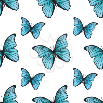 Seamless pattern with bright blue butterflies