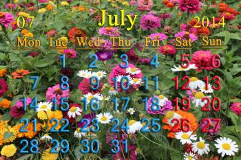 calendar for the July of 2014 on the background of summer flowers