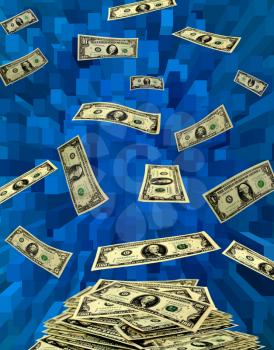 American dollars flying away on blue abstraction
