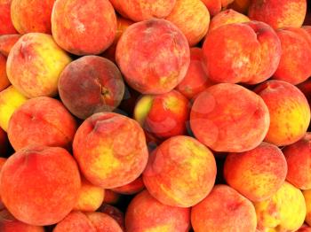 Many bright tasty peaches laying in the market