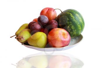 still life from different fruits watermelon, pears, plums and nectarine
