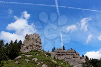 big rock in Carpathian mountains and blue sky