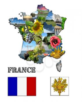 Coloured silhouette of the map and the herb of France  with images