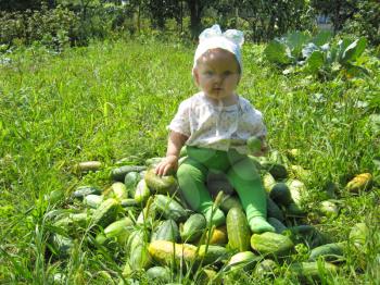 The image of baby siting on a heap of cucumbers