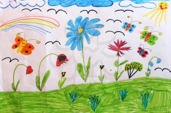 Multicolored children's drawing with butterflies and flowers