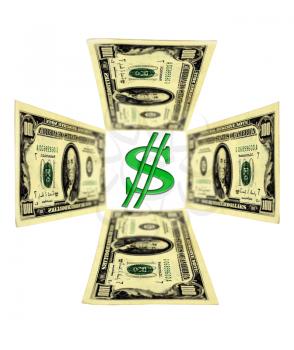 four dollar banknotes in shape of cross isolated on a white background