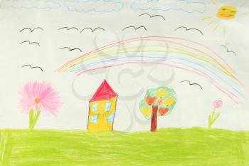 Multicolored children's drawing with house and flowers