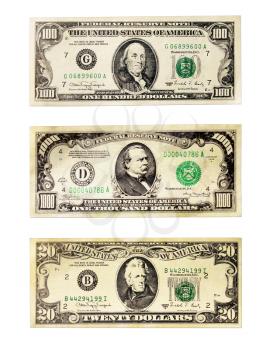 Banknotes of the American dollars face value 20, 100 and 1000 dollars isolated on a white background
