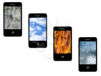 four modern mobile phones with different elements on the white