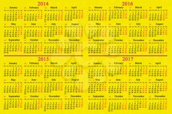 usual office calendar for 2014 - 2017 years on the yellow