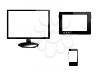 black tablet, monitor and modern mobile phone isolated on white background