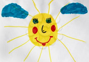 Multicolored children's drawing with nice and fun sun