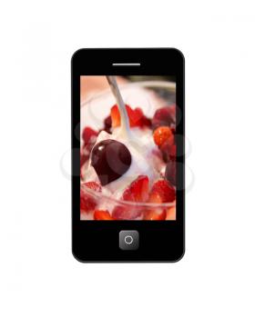 mobile phone with image of ice-cream isolated on the white background