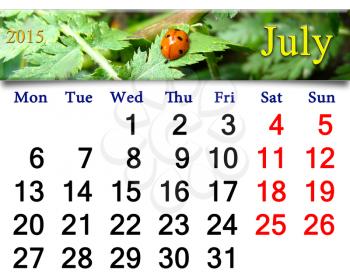 calendar for the July of 2015 with ribbon of ladybird on the leaf