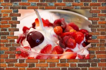 broken brick wall and view to icecream with berries of cherry and wild strawberry