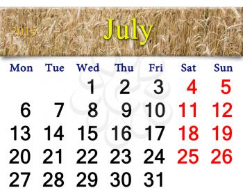 calendar for July of 2015 with field of ripe wheat
