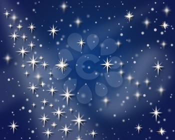night sky with snowflakes and stars for holiday card on the blue background. Trendy New Year and Christmas celebratory card with place for text