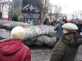 thrown big bronze monument to Lenin the leader of world proletariat in Chernihiv