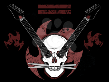 Skull background with guitars and drum sticks