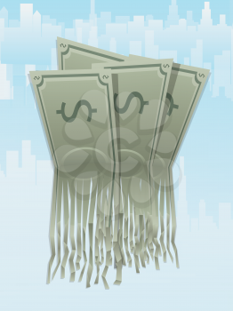 Illustration of money being wasted with a city in the background
