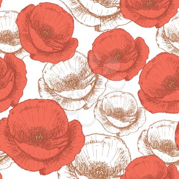 Sketch poppy, vector vintage seamless pattern eps 10

