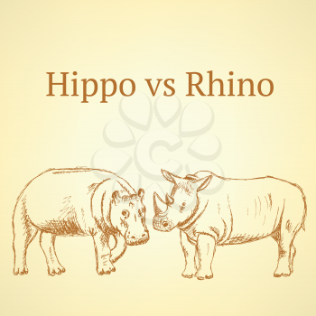 Sketch hippo vs rhino, vector vintage seamless pattern eps 10