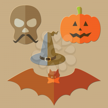 Flat scull, pumkin, hat and bat, evil Halloween background