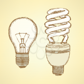 Sketch light bulbs in vintage style, vector