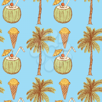 Sketch vacation symbols in vintage style, vector seamless pattern