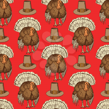 Sketch Thanksgiving hat and turkey in vintage style, vector seamless pattern