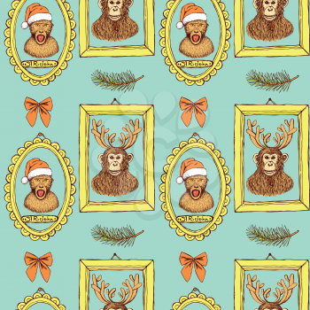 Sketch monkey in Santa's hat and chimpanzee with reindeer's antlers in frames, vintage style, vector seamless pattern
