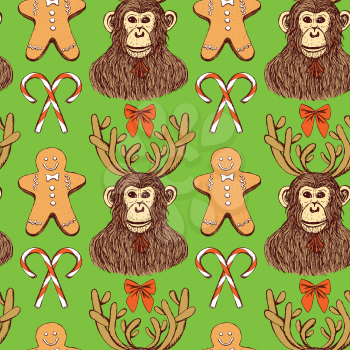 Sketch monkey with reindeer antlers in vintage style, vector New Year 2016 and Christmas seamless pattern with gingerman and candies
