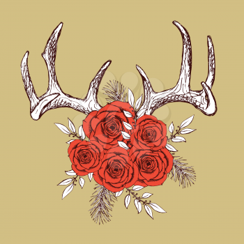 Antlers and roses in vintage style, vector hipster poster