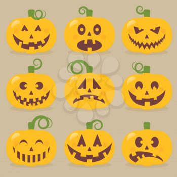 Pumpkin set. Batch of vector pumpkin face emotions, sad, cheerful, happy, worried, surprised and evil pumpkin.