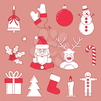 Christmas line design set with Santa Claus and deer