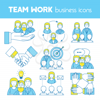 Teamwork, set of line icons, business connections, partnership and collaboration
