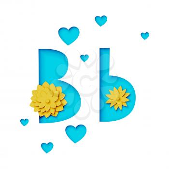 Paper cut letter b with flowers, realistic 3d vector design